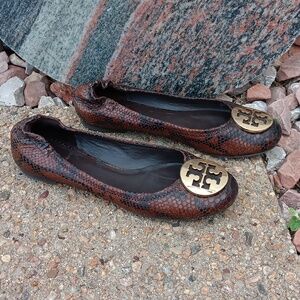Tory Burch Reva flats brown snakeskin leather slip on shoes gold hardware